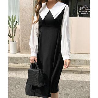 Color-block Tie-waist Dress Black - One Size