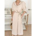 Sailor-collar Wrap-front Long Shirtdress
