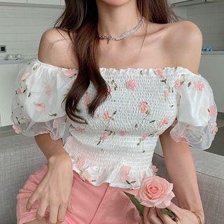 Puff-sleeve Off-shoulder Floral Print Shirred Top