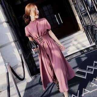 Plain Lace-up Short-sleeve Chiffon Dress