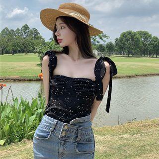 Ribbon-strap Floral Crop Top Black - One Size
