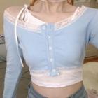 Set: Lace Trim Button-up Knit Top + Camisole Top Light Blue & White - One Size