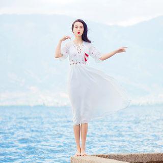 Bell-sleeve Embroidered Midi A-line Dress