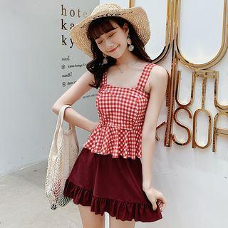 Set: Check Tankini Top + Swim Bottom + Swim Skirt