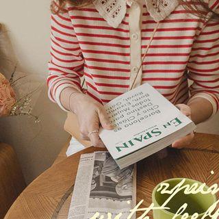 Embroidery-collar Stripe Waffle Cardigan