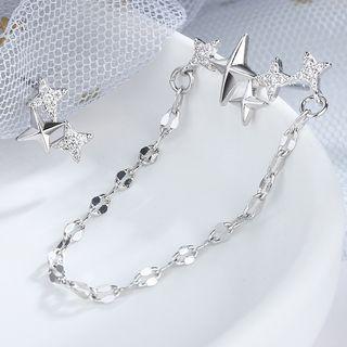 Non-matching Rhinestone Star Chained Earring 1 Pair - With Earring Back - Silver - One Size