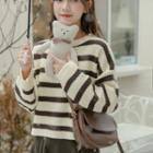 Long-sleeve Striped Cropped Sweater Coffee - One Size