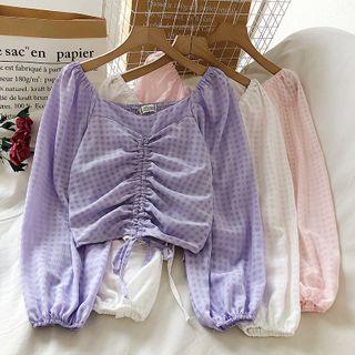 Drawstring Gingham Blouse
