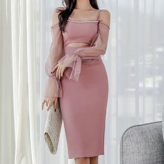 Off-shoulder Mesh Panel Long-sleeve Sheath Dress