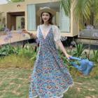Short-sleeve Lace Top / Spaghetti Strap Floral Midi A-line Dress