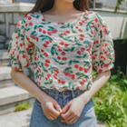 Square-neck Puff-sleeve Cheery Print Top