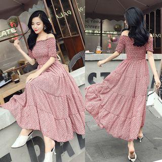 Short-sleeve Floral A-line Maxi Dress Red - One Size