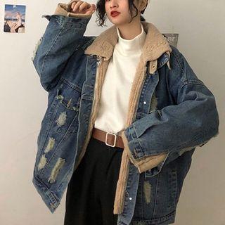 Set: Ripped Buttoned Denim Jacket + Stand Collar Faux Shearling Zip Jacket