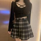 Long-sleeve Cross-strap T-shirt / Plaid A-line Skirt