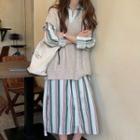 Striped Long-sleeve Midi Shirt Dress / Knit Vest