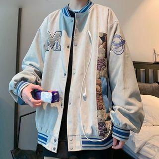 Letter Embroidered Bear Print Bomber Jacket