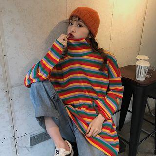 Color-block Striped Turtle-neck Long-sleeve Loose-fit Top
