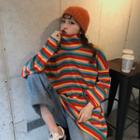 Color-block Striped Turtle-neck Long-sleeve Loose-fit Top