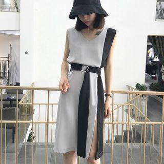Color-block V-neck Sleeveless Dress