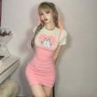 Set: Short-sleeve Cat Print T-shirt + Suspender Mini Dress