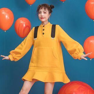 Cat Detail Ruffle Hem Long-sleeve Shift Dress