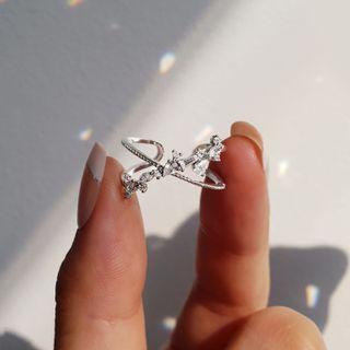 Rhinestone Cross Open Ring 1pc - Silver - One Size