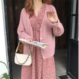 Plain Knit Cardigan / V-neck Floral Dress