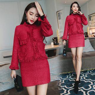 Set: Pocketed Snap-button Jacket + High Waist A-line Skirt
