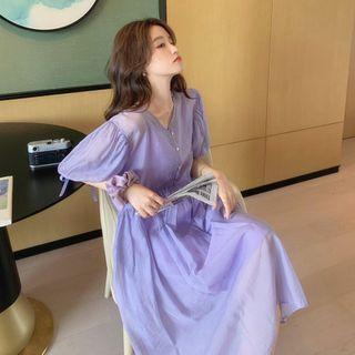 Set: Balloon-sleeve A-line Dress + Slipdress