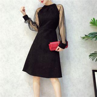 Mesh Panel A-line Faux Suede Dress
