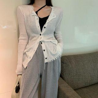 Asymmetrical Crop Camisole Top / Tasseled Ribbed Cardigan / Sweatpants