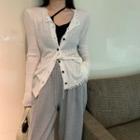 Asymmetrical Crop Camisole Top / Tasseled Ribbed Cardigan / Sweatpants
