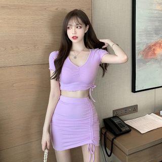 Drawstring Short-sleeve T-shirt / Mini Pencil Skirt