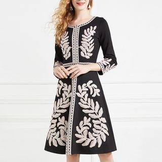 3/4-sleeve Leaf Embroidered Cocktail Dress