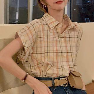 Short-sleeve Plaid Shirt Almond - One Size