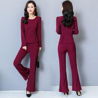 Set: Plain Blouse + Boot-cut Pants