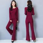 Set: Plain Blouse + Boot-cut Pants