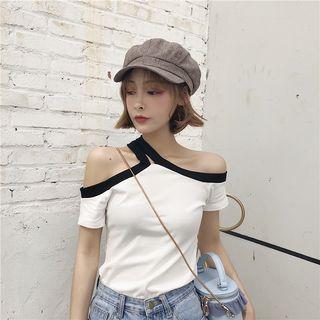 Contrast Trim Cut Out Shoulder Short Sleeve T-shirt