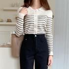 Collared Striped Buttoned Knit Top