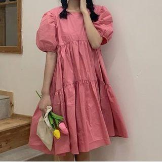 Puff-sleeve Shift Dress Pink - One Size