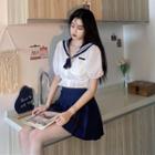 Puff-sleeve Sailor Collar Blouse / Pleated A-line Skirt