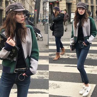 Color-block Wool Blend Knit Zip Jacket