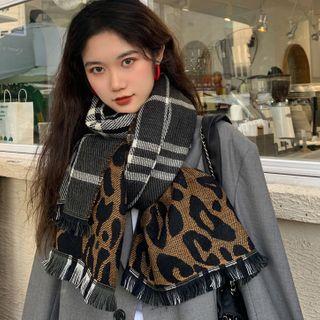 Plaid Leopard Print Scarf Black & Brown - One Size