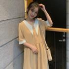 Elbow-sleeve Pointed Collar Midi Dress