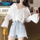 Long-sleeve Ruffled Cold Shoulder Top White - One Size