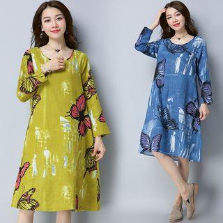 Butterfly Print Long-sleeve A-line Dress
