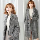 Notch-lapel Double-breasted Plaid Coat Black - One Size