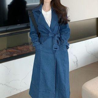 Tie-waist Midi Denim Jacket Blue - One Size
