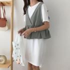 Set: V-neck Vest + Plain Short-sleeve Dress