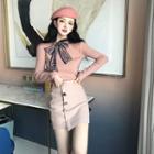 Bow Accent Long-sleeve Knit Top / High Waist Mini Skirt